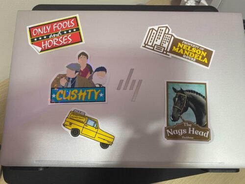 A vintage-inspired sticker design featuring Only Fools and Horses references: the Nags Head pub sign, 'CUSHTY' slogan, 'MANDELA' nod, and bold 'ONLY FOOLS HORSES' text in retro typography.