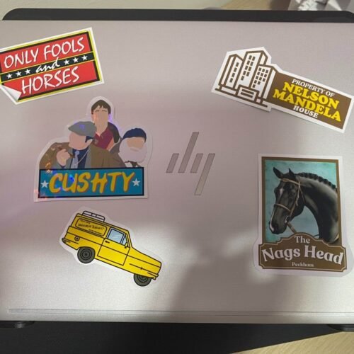 A vintage-inspired sticker design featuring Only Fools and Horses references: the Nags Head pub sign, 'CUSHTY' slogan, 'MANDELA' nod, and bold 'ONLY FOOLS HORSES' text in retro typography.