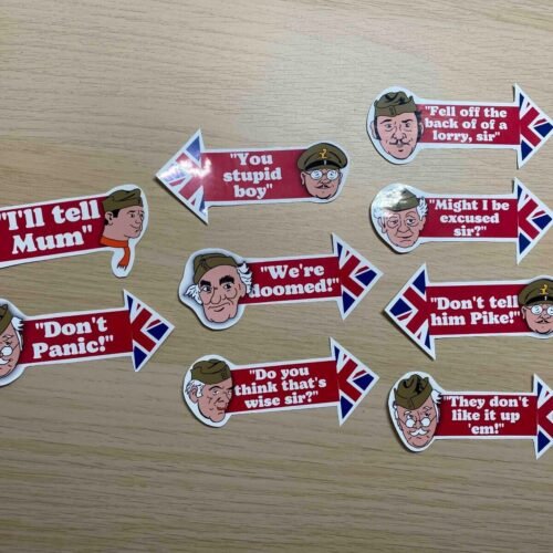 Dads Army Sticker Pack featuring iconic quotes like ‘Don’t Panic!’, ‘We’re Doomed!’, and ‘You stupid boy’, alongside beloved characters including Captain Mainwaring and Private Pike. A nostalgic tribute to the classic British comedy series.