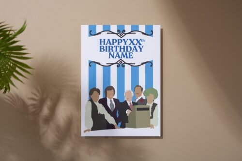 Overhead view of the Grace Brothers cast in silhouette style on a matte card
