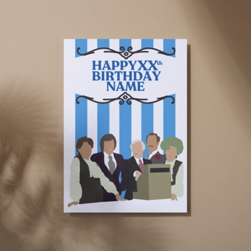 Overhead view of the Grace Brothers cast in silhouette style on a matte card
