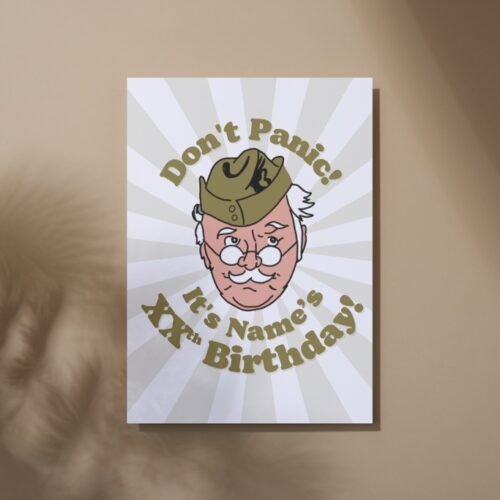 Overhead view of Corporal Jones birthday card on a rustic tabletop