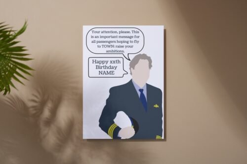 Overhead shot of the Douglas birthday card on a rustic surface, ideal for comedy fans