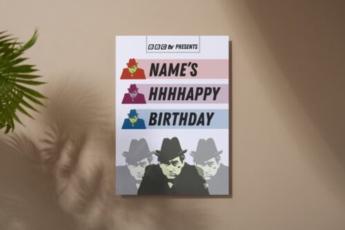 Tony Hancock birthday card laid flat on a wooden table with retro-style illustration