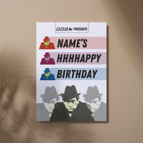 Tony Hancock birthday card laid flat on a wooden table with retro-style illustration