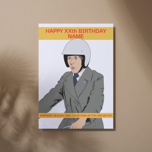 Frank Spencer birthday card lying flat on a wooden table, personalised with name and age