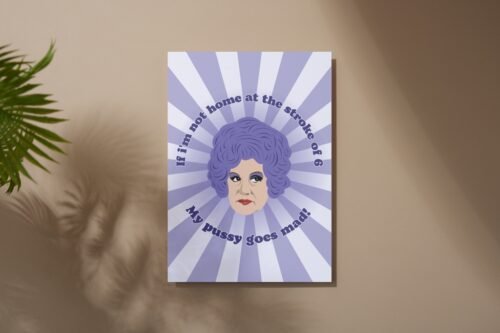 Overhead view of a cheeky comedy card with classic sitcom quote and bold design