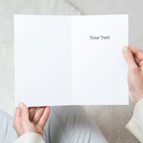 Personalised comedy card featuring Mrs Slocombe, held upright with 350gsm finish