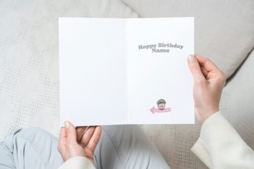 Close-up of personalised British sitcom card featuring name on the front