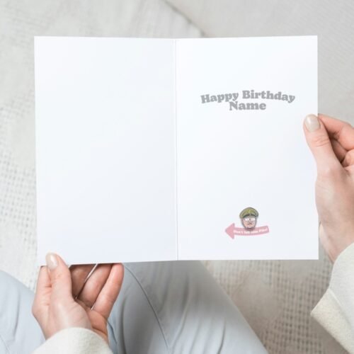 Close-up of personalised British sitcom card featuring name on the front