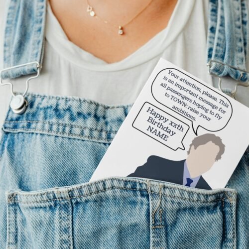 Cabin Pressure birthday card with Douglas peeking out of a denim dungaree pocket in a quirky display