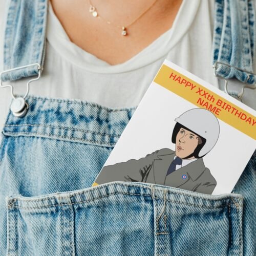 Frank Spencer birthday card peeking out of a denim dungaree pocket for a quirky display