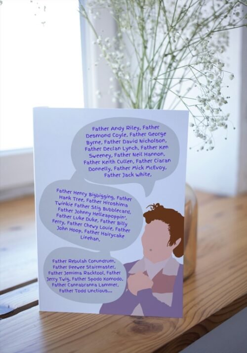 Birthday card inspired by Mrs Doyle’s Christmas episode laid on wooden table