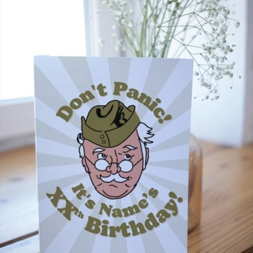 Funny Dad’s Army card resting on a desk, perfect for fans of classic British comedy