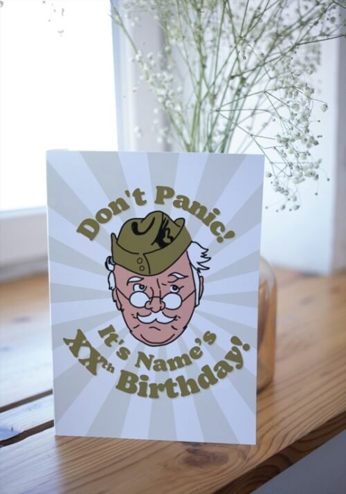 Funny Dad’s Army card resting on a desk, perfect for fans of classic British comedy