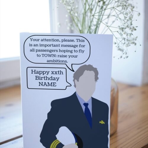 Personalised comedy card on a table, showing print quality and clean design