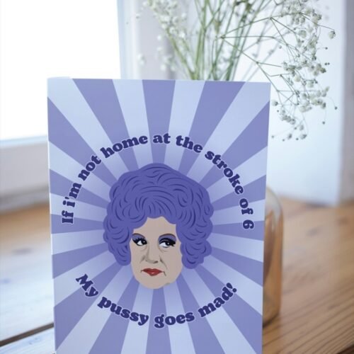 Are You Being Served? card with vintage sitcom quote laid flat on rustic wooden surface