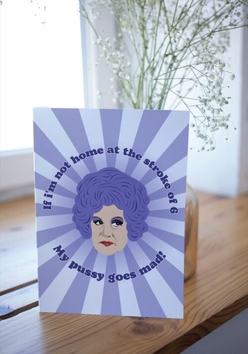 Are You Being Served? card with vintage sitcom quote laid flat on rustic wooden surface