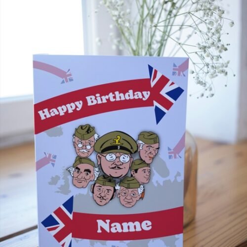 Greeting card with retro design and personalisation detail on a rustic surface