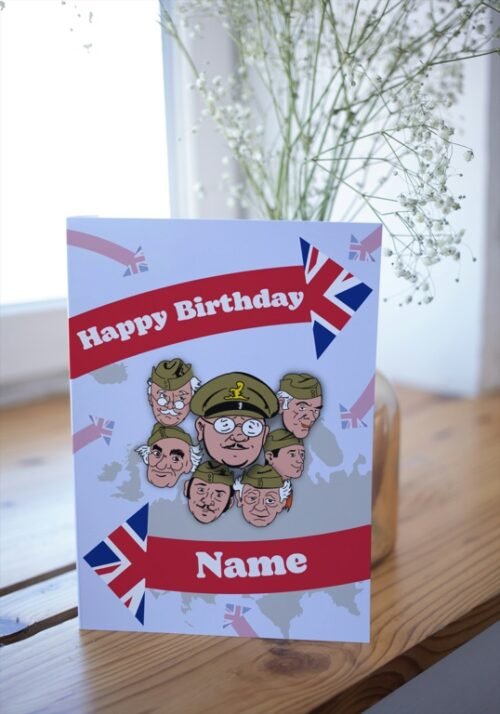 Greeting card with retro design and personalisation detail on a rustic surface