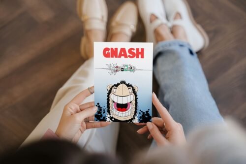 Beano Gnasher personalised card Jaws parody held in hand showing bold design