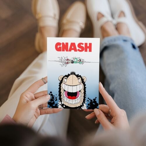 Beano Gnasher personalised card Jaws parody held in hand showing bold design