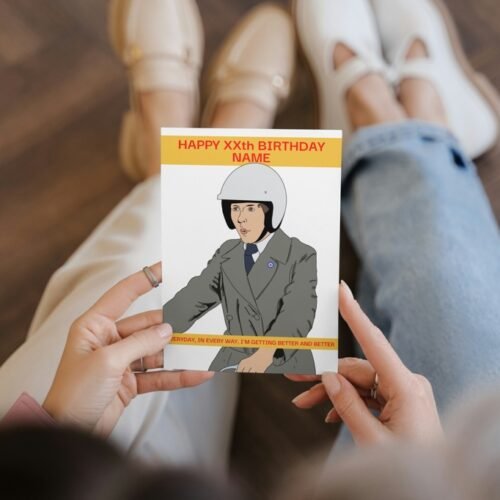 Close-up of a person holding the personalised Frank Spencer birthday card outdoors