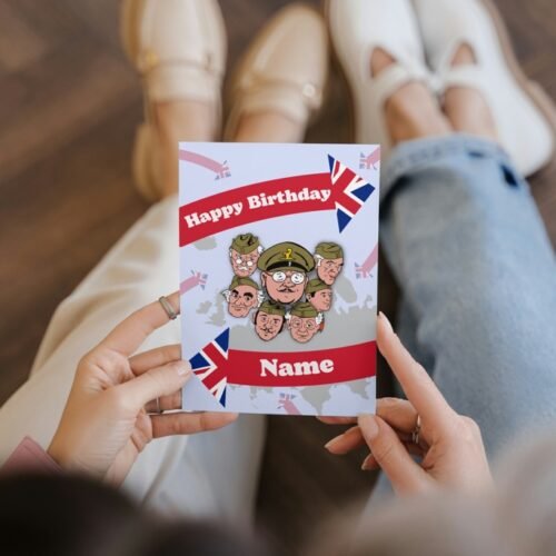 Card with Captain Mainwaring and Sergeant Wilson illustration, held upright on premium cardstock