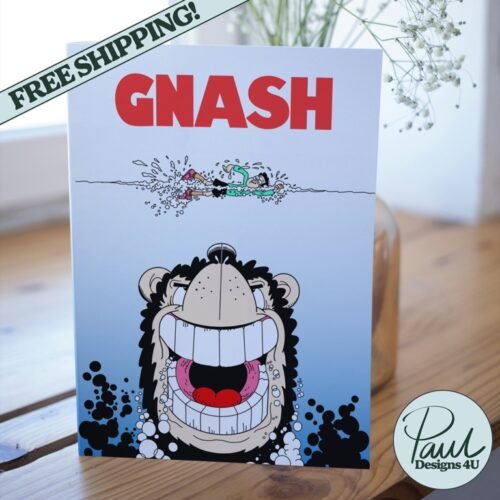 Birthday card parodying Jaws movie with Gnasher from The Beano on front