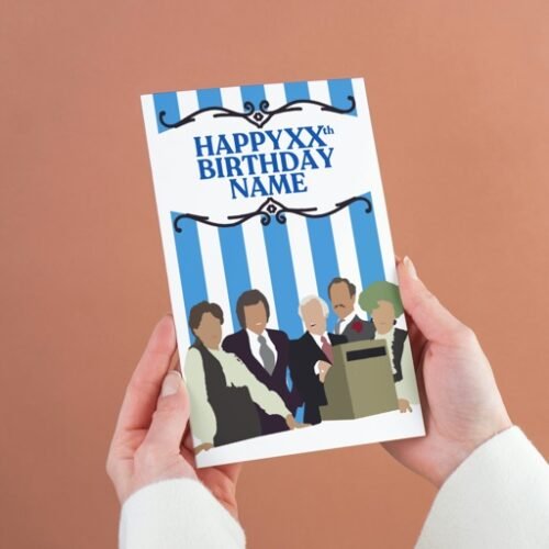 re You Being Served birthday card with silhouette design held by hand