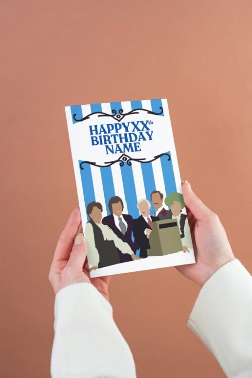 re You Being Served birthday card with silhouette design held by hand