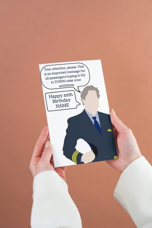 Person holding a Cabin Pressure birthday card featuring Douglas from the BBC Radio 4 sitcom