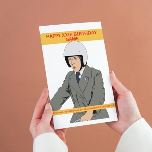 Hand holding a Frank Spencer birthday card with a humorous, hand-drawn design