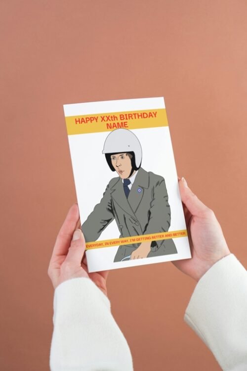 Hand holding a Frank Spencer birthday card with a humorous, hand-drawn design