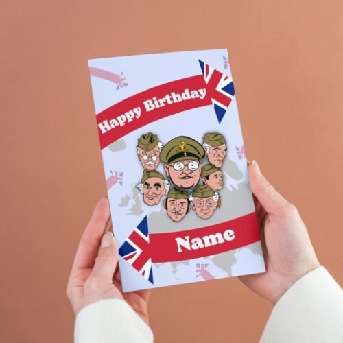 Person holding a Dads Army birthday card with cartoon Home Guard characters