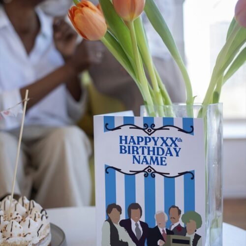 Birthday card showing the full cast lineup from Are You Being Served in silhouette form