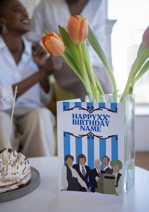 Birthday card showing the full cast lineup from Are You Being Served in silhouette form