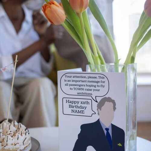 BBC radio-themed birthday card resting on desk, perfect for lovers of witty British humour