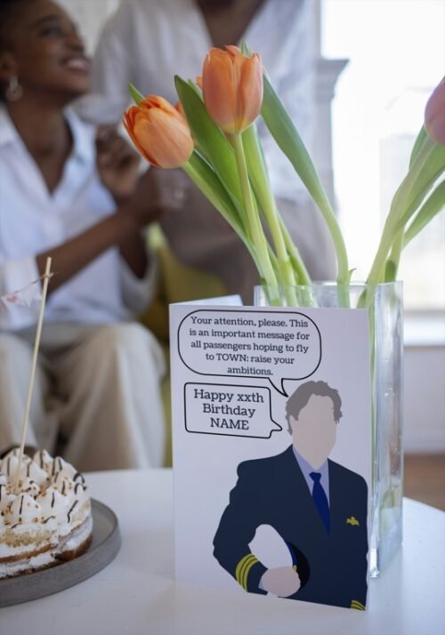 BBC radio-themed birthday card resting on desk, perfect for lovers of witty British humour