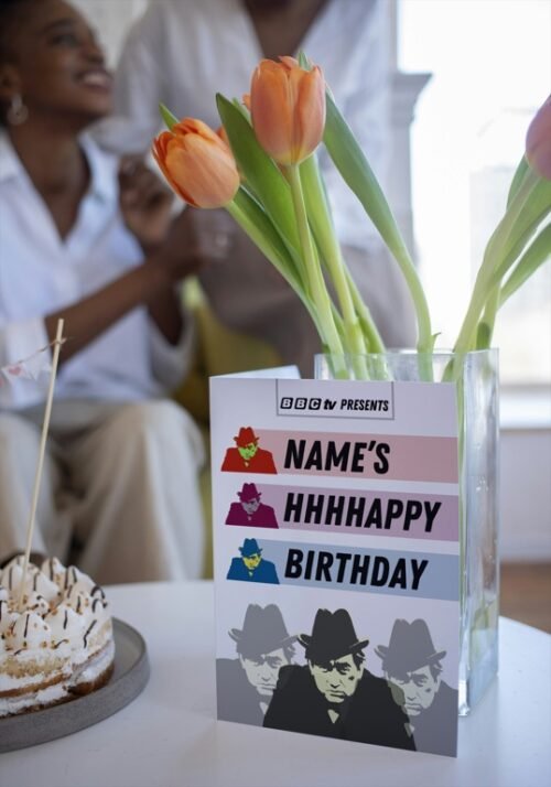 Card on tabletop showcasing classic British comedy design and smooth 350gsm paper