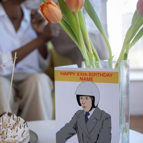 Funny Frank Spencer birthday card on table, perfect for fans of British comedy