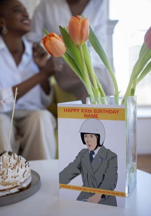 Funny Frank Spencer birthday card on table, perfect for fans of British comedy