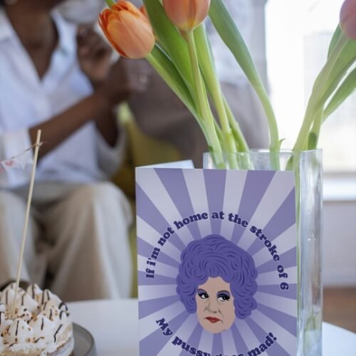 Retro television-inspired greeting card resting on desk, perfect for fans of British humour