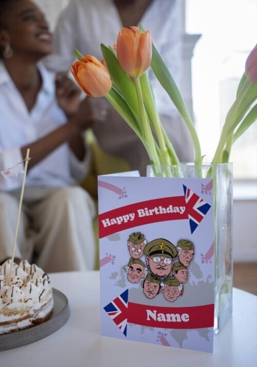 Cartoon-style vintage comedy card resting on a desk, ideal for fans of Dads Army