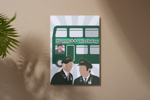 Illustrated comedy card with classic characters from On the Buses