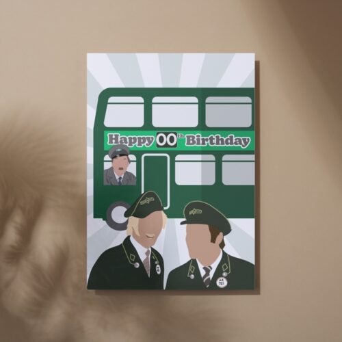 Illustrated comedy card with classic characters from On the Buses