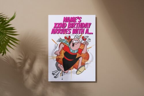 Beryl birthday card laid flat on table, featuring classic comic artwork and boom graphic