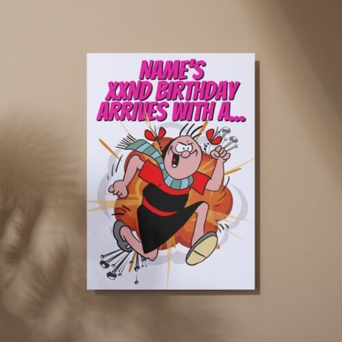 Beryl birthday card laid flat on table, featuring classic comic artwork and boom graphic