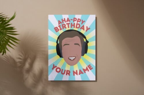 Funny Alan Partridge birthday card laid flat on table, personalised with recipient’s name