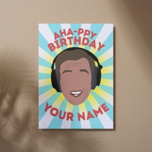 Funny Alan Partridge birthday card laid flat on table, personalised with recipient’s name